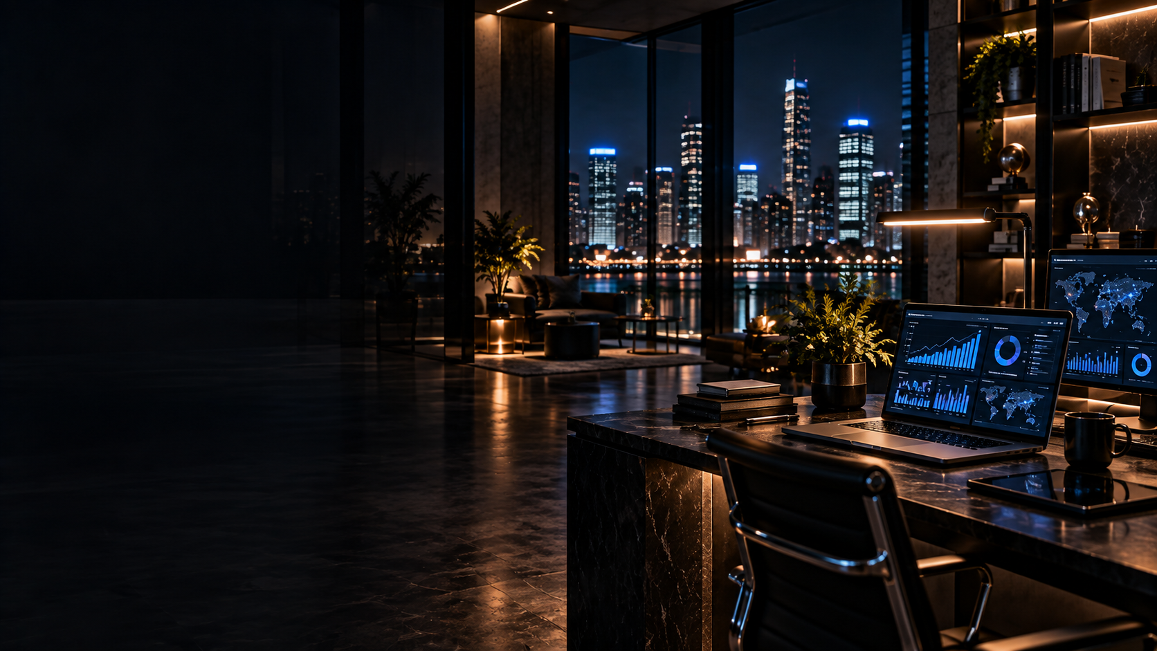 Dark operations office with a laptop showing performance dashboards and a city skyline at night