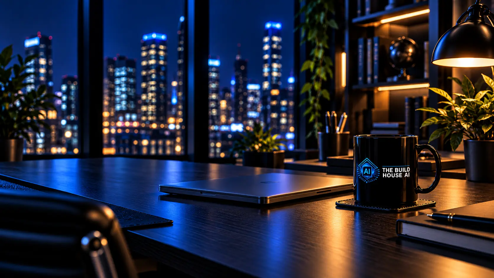 Desk with a closed laptop and a Build House AI mug overlooking the city at night