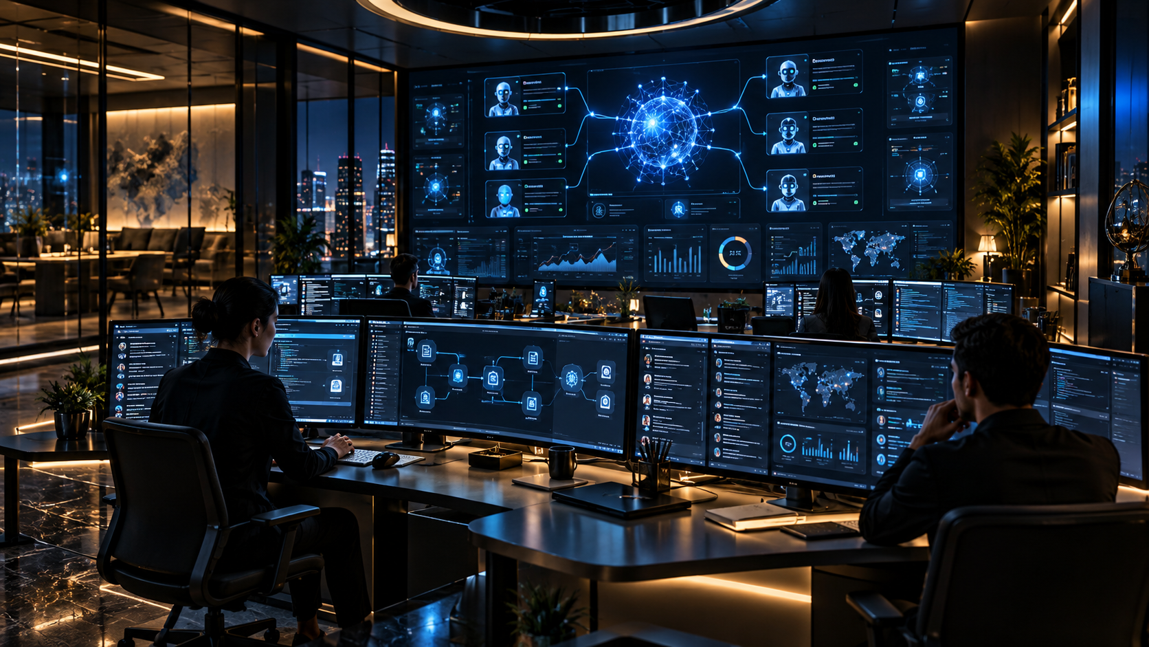 Operations room with team members monitoring AI agent workflows on large displays