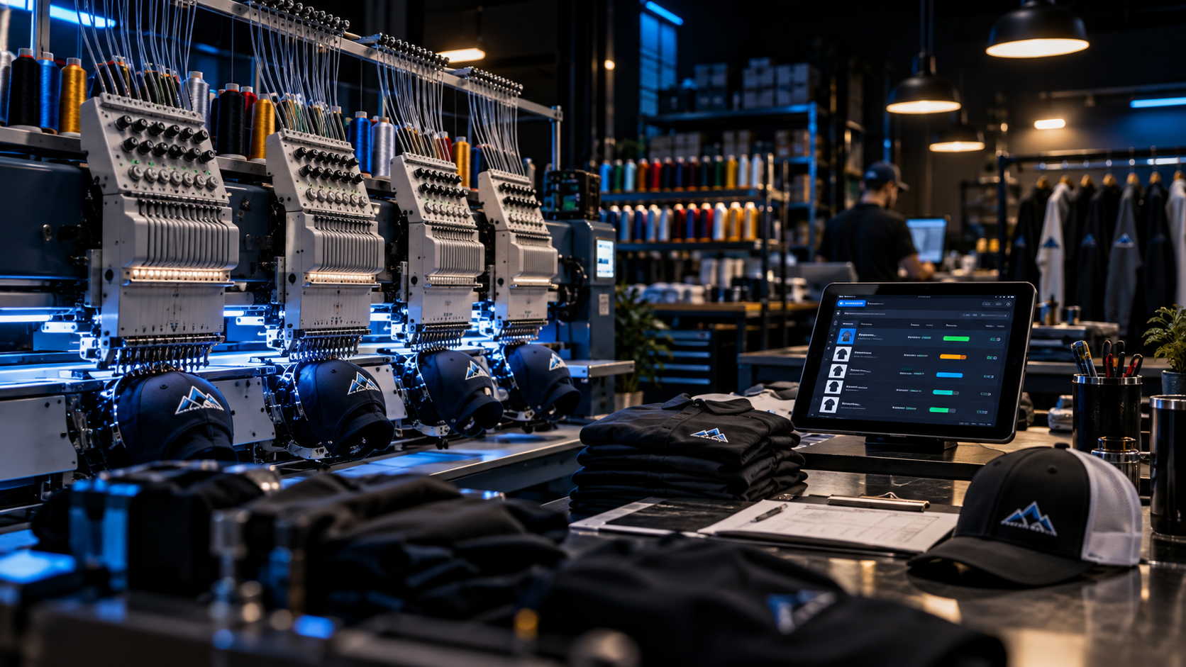 Embroidery production floor with machines stitching caps and a tablet tracking orders