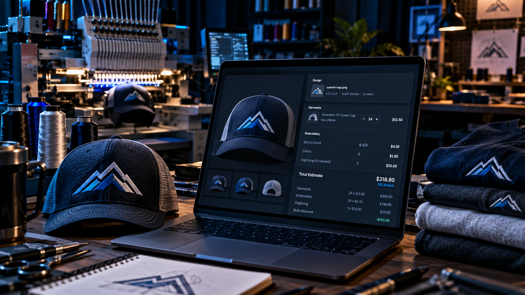 Embroidery shop with a laptop showing a cap quoting estimate