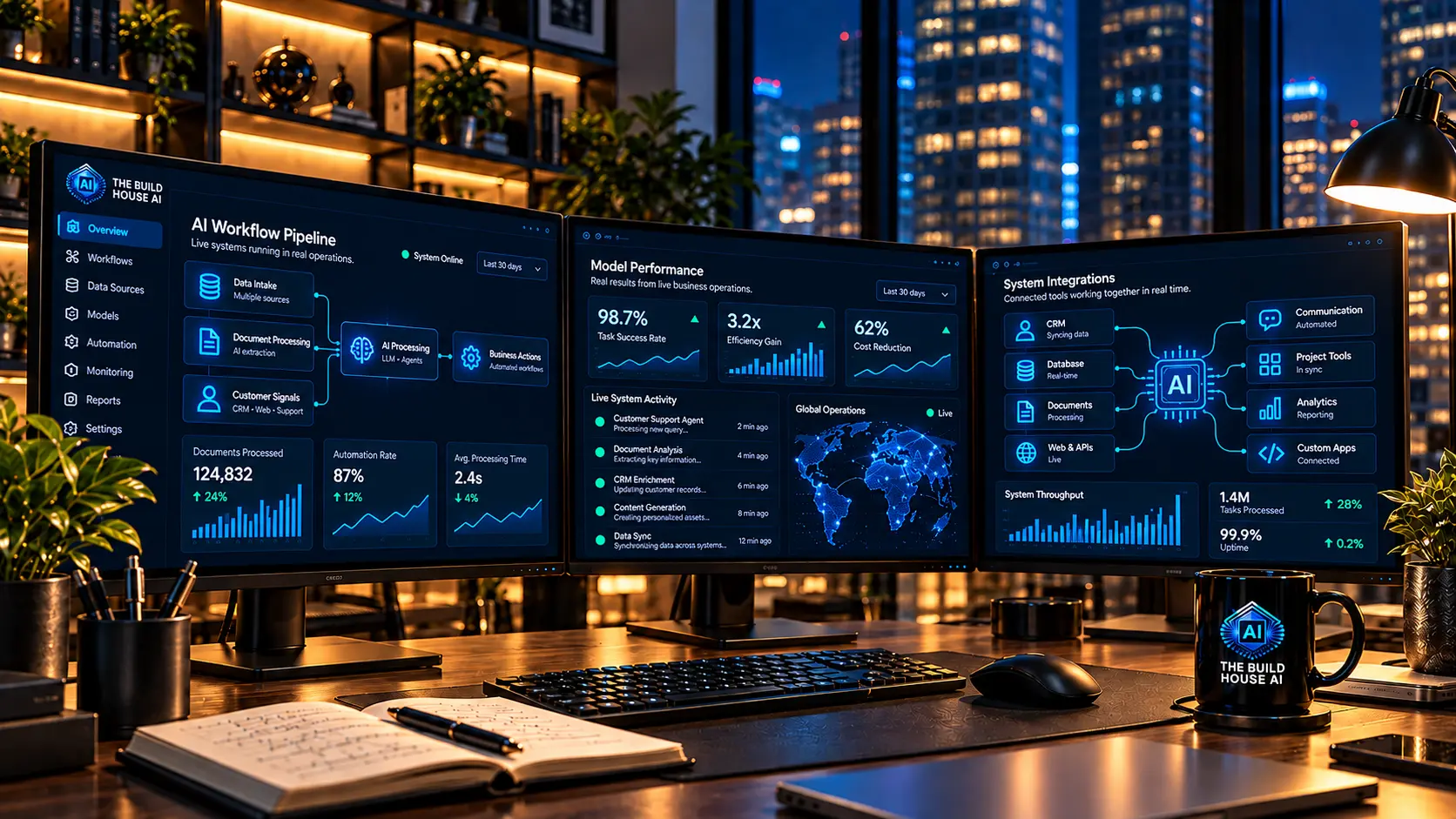 Workspace with three monitors showing AI workflow dashboards