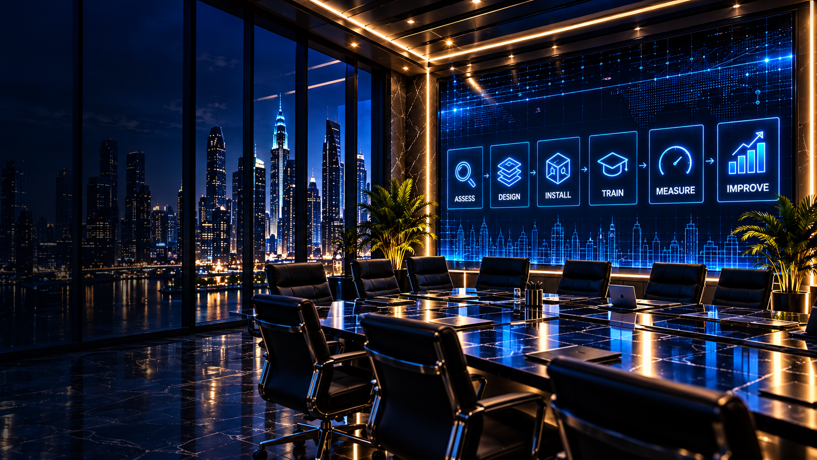 The Build House AI boardroom with the six-step operating model on screen